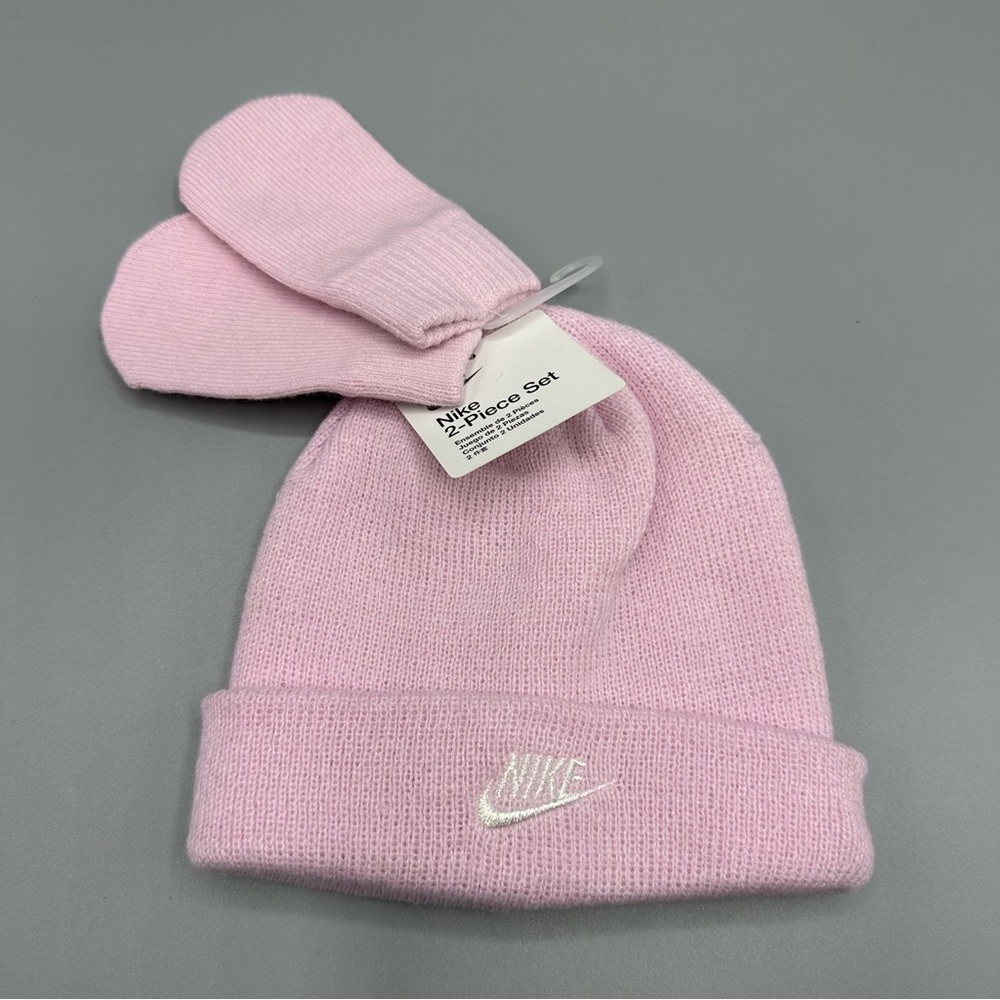 Nike Beanie Hat and Mittens 2 Piece Toddler Baby Set Size 12/24M Pink